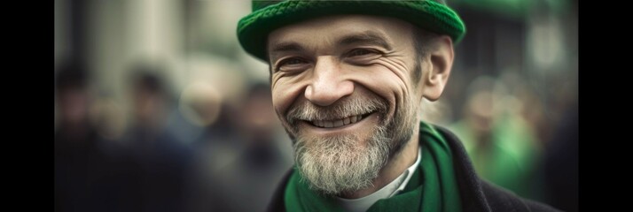 a man in green and gold smiled as he was dressed for st patrick's day. banner