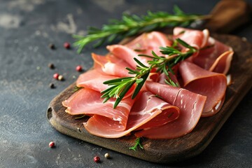 slices of tasty cured ham with decorated with rosmary - obrazy, fototapety, plakaty