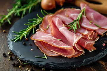 slices of tasty cured ham with decorated with rosmary