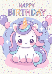 Invitation card design with unicorn and balloons for birthday party. Children's birthday invitation template.Template vector illustration on colorful background.