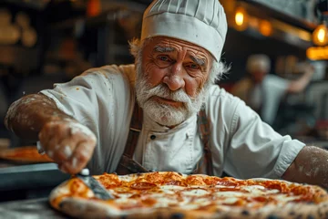Foto op Plexiglas Portrait of a senior pizzeria chef, portrait of a chef at work, delivering fresh pizza, idea for a small local business concept © Ed