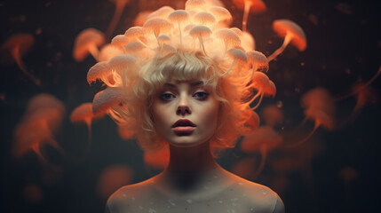 Surrealistisches Portrait einer Frau mit fluoreszierenden Pilzen, die den Kopf rahmen, ätherische Stimmung. Abstrakte Illustration vor blaugrünem Hintergrund