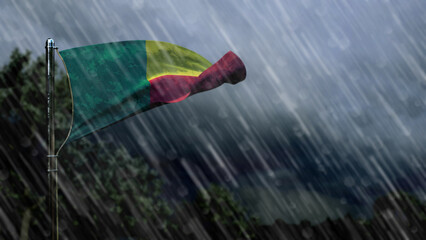 Obraz premium flag of Benin with rain and dark clouds, squall wind forecast symbol - nature 3D illustration