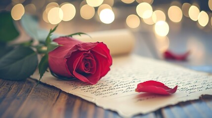 A single red rose lies upon an old handwritten letter with a bokeh light background, evoking romance and nostalgia.