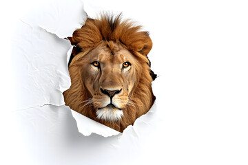Majestic Lion Peering Through a Torn Paper Hole