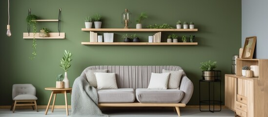room with gray sofa and pillows, wooden shelves, on the wall.