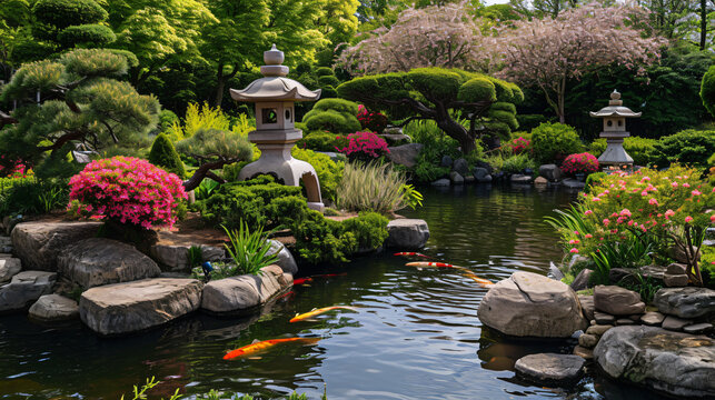 A serene Japanese garden with a variety of flowering bonsai trees a koi pond and traditional stone lanterns.