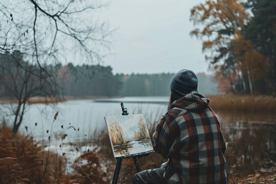 A young man in a plaid shirt and hat sits on the bank of a lake and paints a picture with oil paints.