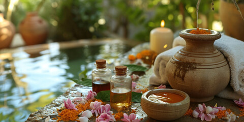 Health and ayurveda massage, skincare, spa or relaxation concept. Ayurvedic spa and relax with...