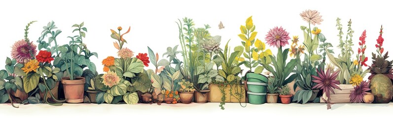Flowers in pots home plants flat illustration banner green leaves yellow, blue, pink flowers botanical spring floral design ceramic flowerpots, hydrangea, lily, narcissus, tulip - obrazy, fototapety, plakaty