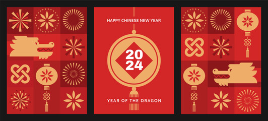 Chinese New Year 2024, Year of the Dragon. Lunar New Year cards set. 