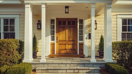 Main entrance door in house. Wooden front door with gabled porch and landing. Exterior of Georgian style home cottage with columns.
