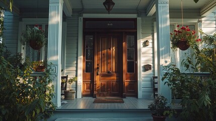 Main entrance door in house. Wooden front door with gabled porch and landing. Exterior of Georgian style home cottage with columns.