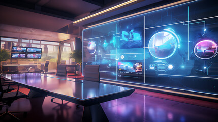 A futuristic office wall with a holographic display, 