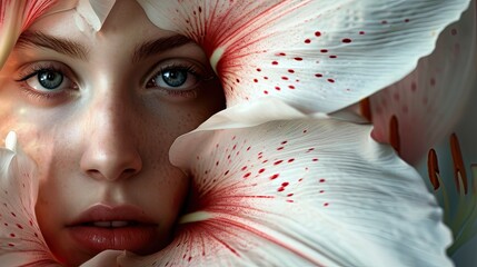 womans face frame by the petals of a giant blooming flower