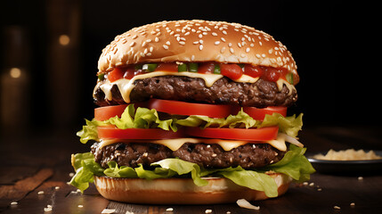 A gourmet burger with layers of juicy beef, 