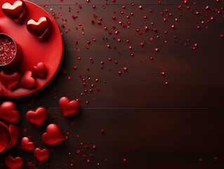 Blat z talerzem, na którym leżą czerwone serca, jest centralnym punktem koncentracji, podczas gdy mniejsze serduszka rozproszone na boku dodają delikatności i romantycznego klimatu. - obrazy, fototapety, plakaty