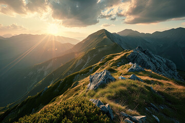 Emerald Mountain Majesty, Realistic Landscape with Sunrays