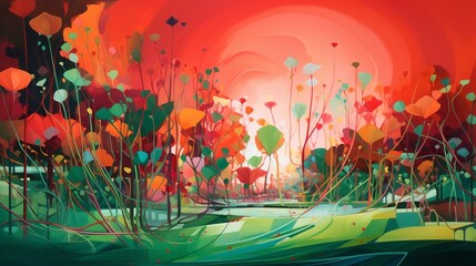 a vibrant composition featuring a seamless blend of red and green hues, merging in a harmonious dance of colors, evoking a sense of balance and energy against the canvas.