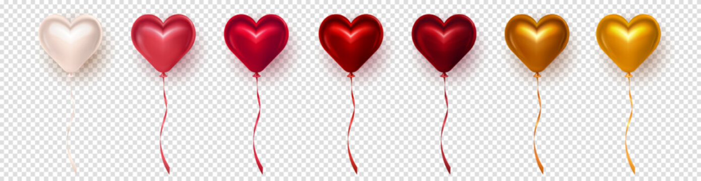 Big set of 3d realistic romantic red, pink, golden, beige heart balloons on transparent background. Colorful three dimensional glossy foil balloons in heart shape for Valentine's Day celebration