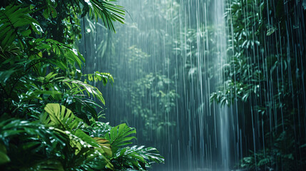 A torrential downpour in a tropical rainforest with water cascading through dense foliage and creating a misty atmosphere.