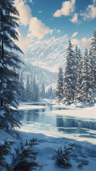 A sweeping vista of a snowy landscape with pine trees and a frozen lake