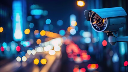 A security camera overlooking a brightly lit street with colorful bokeh from vehicle lights.