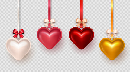 Collection of realistic three dimensional red, golden, pink and white puffy heart toys hanging on ribbons with silk bow. 3d glossy heart pendant as decoration element for Valentines Day celebration