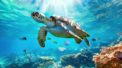 Foto op Canvas A sea turtle gracefully swims near the ocean surface amidst colorful fish and vibrant coral reefs. © Oleksii