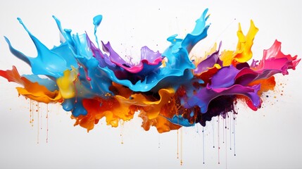 a vibrant paint splash frozen in mid-air, its energetic and dynamic form captured against the blank white canvas, creating a visually striking and expressive artwork.