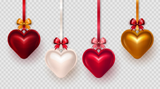 Set of 4 realistic three dimensional red, golden, pink and white puffy heart hanging on ribbons with bow. 3d glossy heart pendant as decoration element for Valentines Day