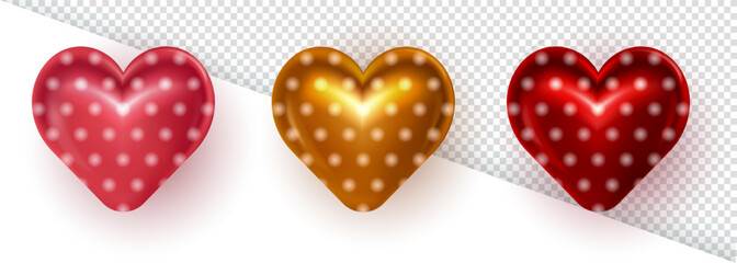 Realistic 3d puffy golden valentine heart with polka dot pattern on transparent background. Three dimensional symbol of love, passion, affection - glossy heart as decor element for Valentines Day