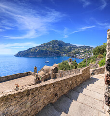 View of Ischia Island from a evocative staircase on Aragonese Castle in Italy.