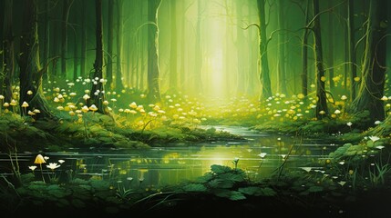 a visually enchanting composition where bright yellow and tranquil green colors blend together, creating a dreamlike and fantastical background reminiscent of a sunlit glade in an enchanted forest,  - obrazy, fototapety, plakaty
