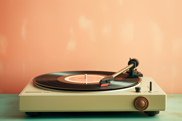 Retro old vintage turntable in wall pastel colors background_3