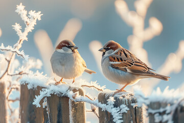 Two sparrows on a frosty fence - Generative AI
