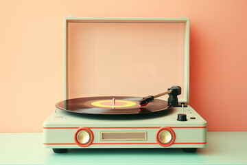 Retro old vintage turntable in wall pastel colors background_1
