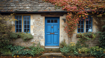 Fototapeta na wymiar English cottage house front with a blue door and lush green garden - Generative AI
