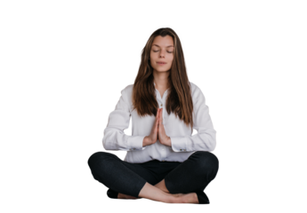 Overloaded young woman in white shirt, black pants sits on cozy sofa in meditation pose legs crossed eyes closed against transparent background. businesswoman relaxing