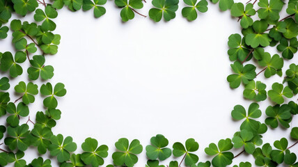 empty white background in a frame of green clover, shamrock, st. patrick's day, Ireland, postcard, layout, blank, place for text, national Irish holiday, nature, plants, symbol, March 17
