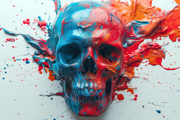 3D front facing skull covered in thick red and blue paint - obrazy, fototapety, plakaty
