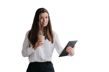 Young purposeful businesswoman in white shirt and black pants holding tablet and cup of coffee looks at camera toothy smiles against transparent background. Smart student isolated