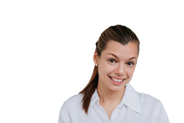 businesswoman with ponytail smiling looking at camera against transparent background. Open minded ...