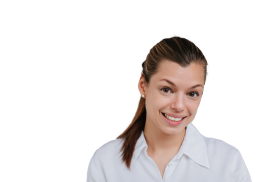 businesswoman with ponytail smiling looking at camera against transparent background. Open minded  student girl in white shirt with empty space. Satisfied  manager ready for new project.