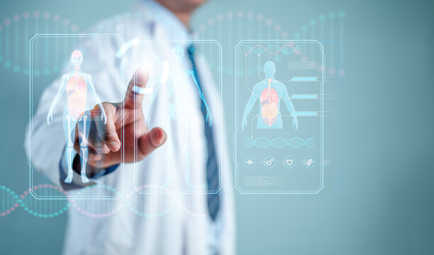 doctor, health, care, clinic, anatomy, body, hospital, medicine, disease, human. scientist or doctor analyzing body x-ray exam HUD to searching disease. medical with futuristic technology concept.