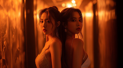 Two Korean women, standing back-to-back within a corridor, illuminated by orange lighting for a fashion photoshoot
