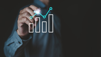 analysis, statistic, finance, growth, chart, financial, graph, diagram, investment, business. businessman drawing line at bar chart to analyze the marketing data growth direction with market trend.