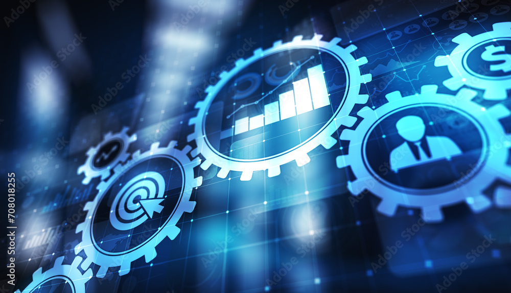 Poster business process management, automation workflow, document validation, connected gear cogs with icon