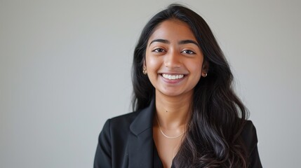 A confident young woman with long hair, wearing a black blazer, smiles brightly against a light background. - obrazy, fototapety, plakaty