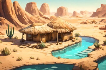 pool in the resort, A desert oasis scene, featuring a hut with swimming pool, where the pool is the only source of water surrounded by golden sands